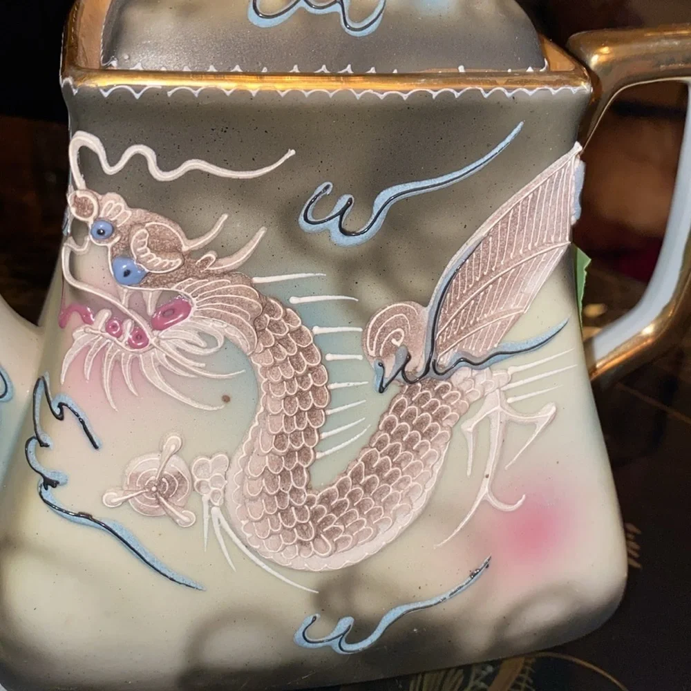 Vintage 21pc Moriyama Dragonwear hand painted Tea Set Japan Blue Bead Eyes